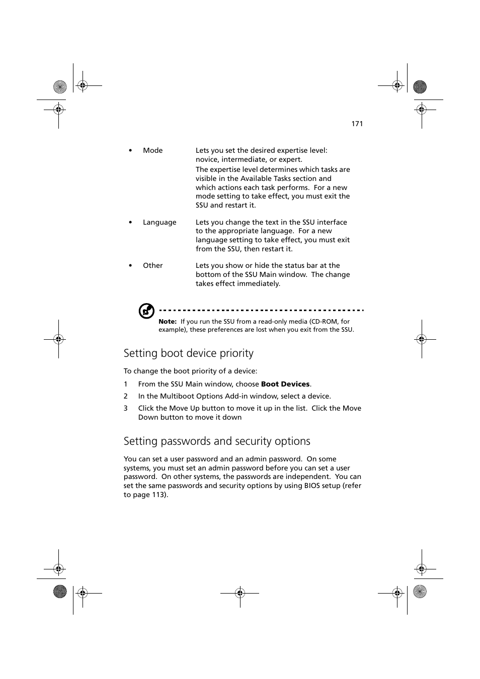 Setting boot device priority, Setting passwords and security options | Acer Altos G900 User Manual | Page 187 / 248