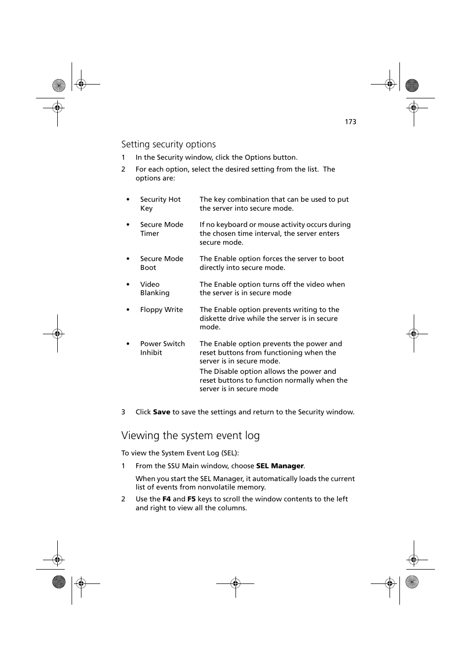 Viewing the system event log, Setting security options | Acer Altos G900 User Manual | Page 189 / 248