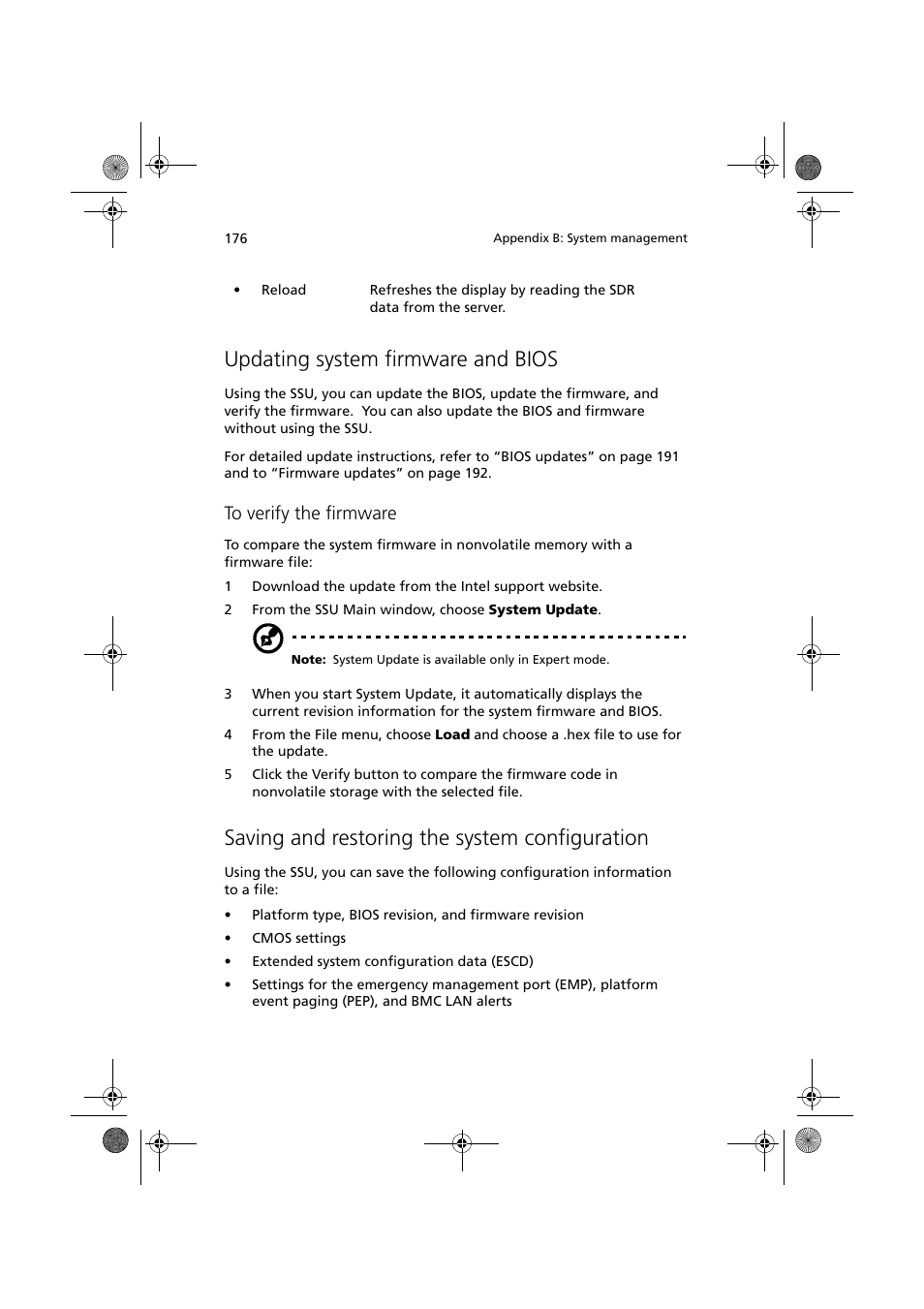 Updating system firmware and bios, Saving and restoring the system configuration | Acer Altos G900 User Manual | Page 192 / 248