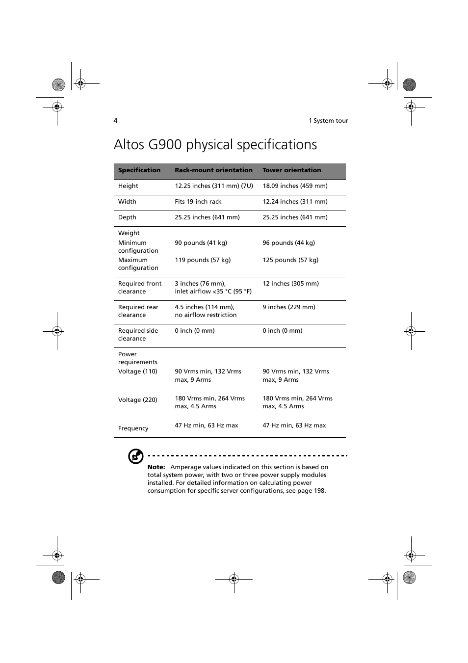 Altos g900 physical specifications | Acer Altos G900 User Manual | Page 20 / 248