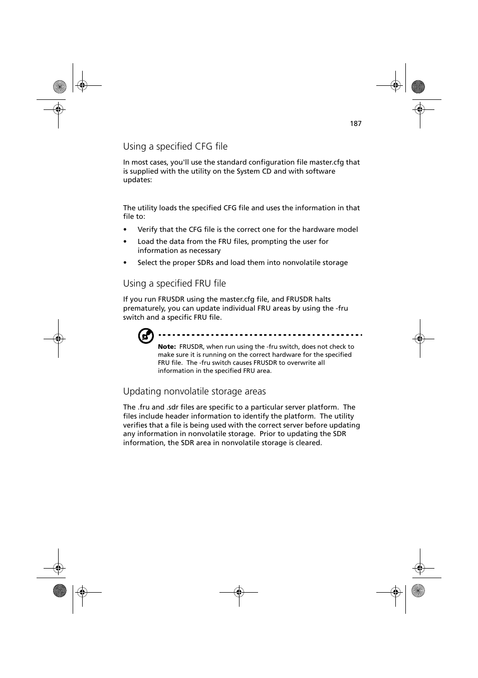 Using a specified cfg file, Using a specified fru file, Updating nonvolatile storage areas | Acer Altos G900 User Manual | Page 203 / 248