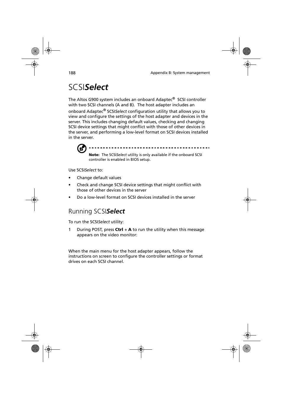 Scsiselect, Running scsiselect, Scsi | Running scsi select, Scsi select | Acer Altos G900 User Manual | Page 204 / 248