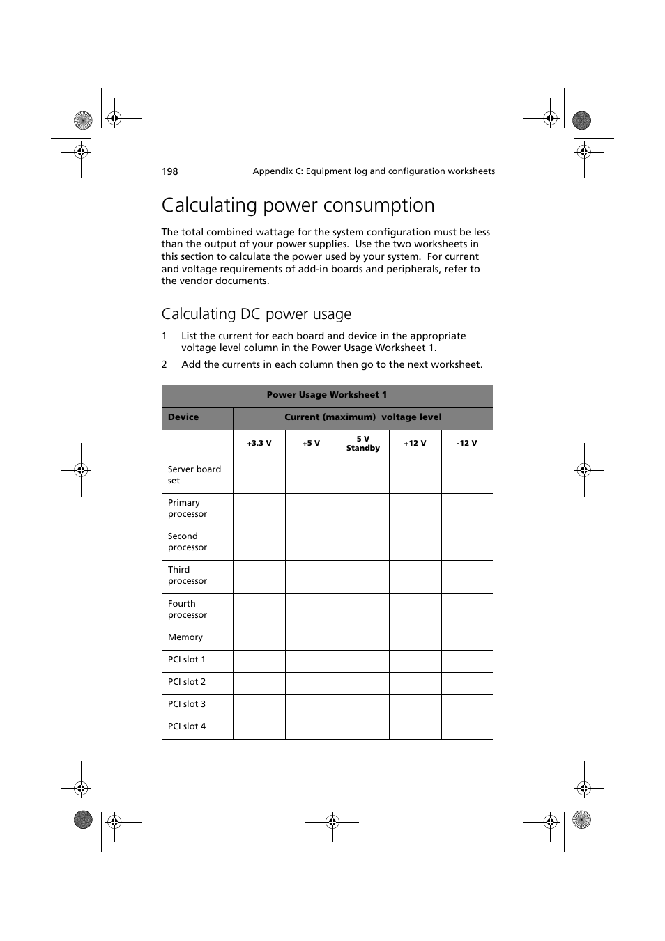 Calculating power consumption, Calculating dc power usage | Acer Altos G900 User Manual | Page 214 / 248