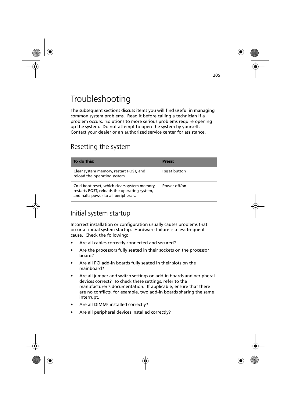 Troubleshooting, Resetting the system, Initial system startup | Resetting the system initial system startup | Acer Altos G900 User Manual | Page 221 / 248