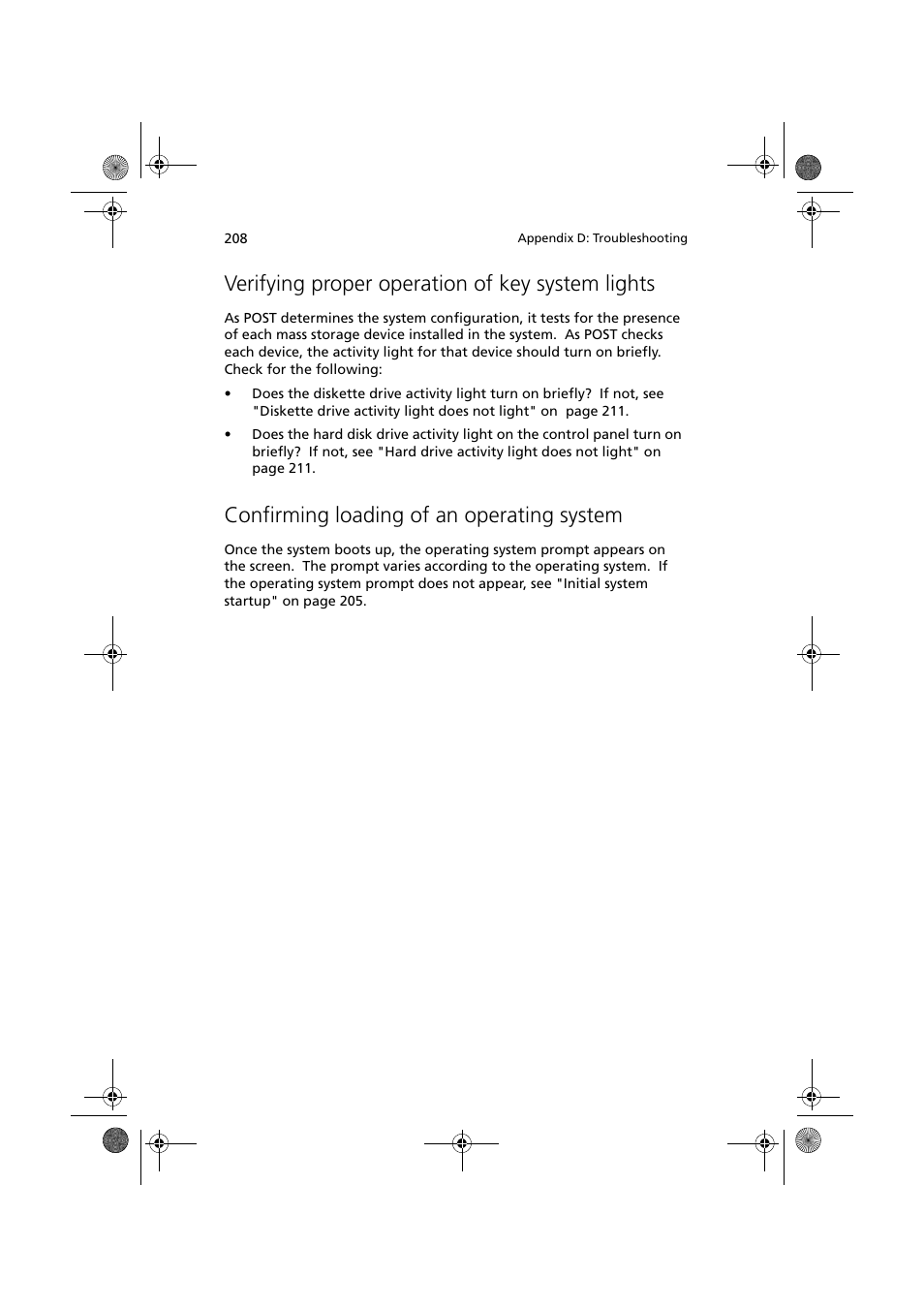 Verifying proper operation of key system lights, Confirming loading of an operating system | Acer Altos G900 User Manual | Page 224 / 248