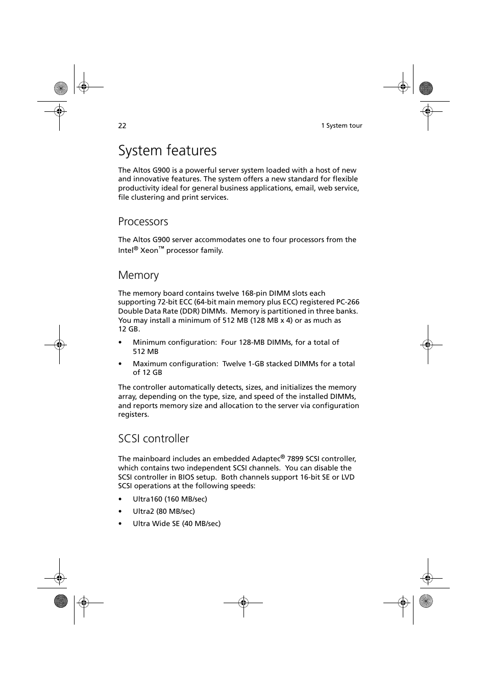 System features, Processors, Memory | Scsi controller | Acer Altos G900 User Manual | Page 38 / 248