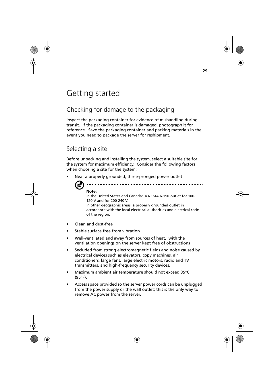 Getting started, Checking for damage to the packaging, Selecting a site | Acer Altos G900 User Manual | Page 45 / 248