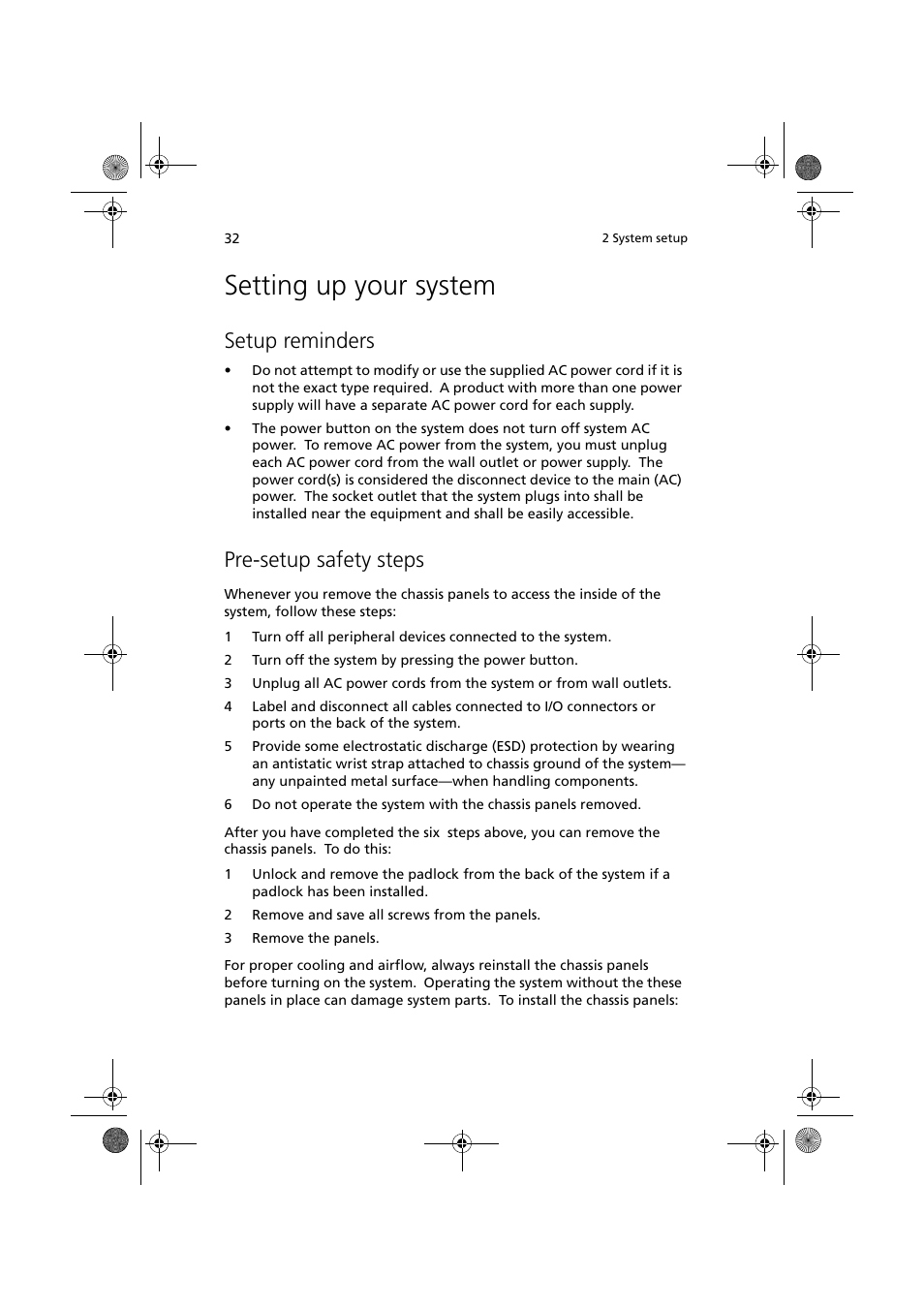 Setting up your system, Setup reminders, Pre-setup safety steps | Acer Altos G900 User Manual | Page 48 / 248