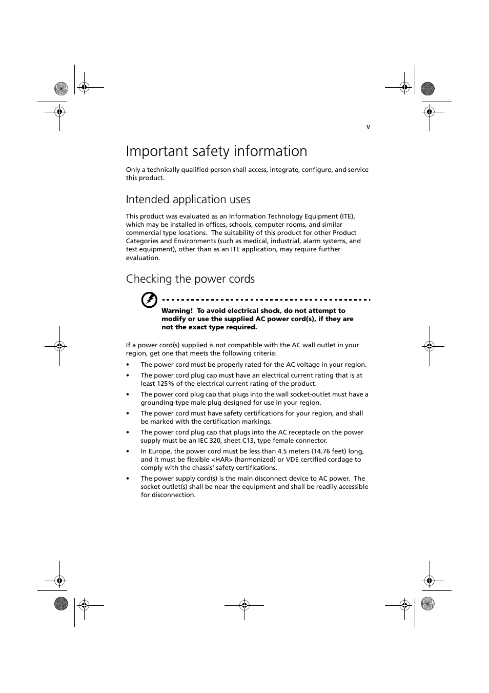 Important safety information, Intended application uses, Checking the power cords | Acer Altos G900 User Manual | Page 5 / 248
