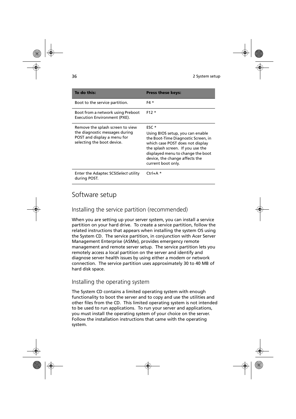 Software setup, Installing the service partition (recommended), Installing the operating system | Acer Altos G900 User Manual | Page 52 / 248