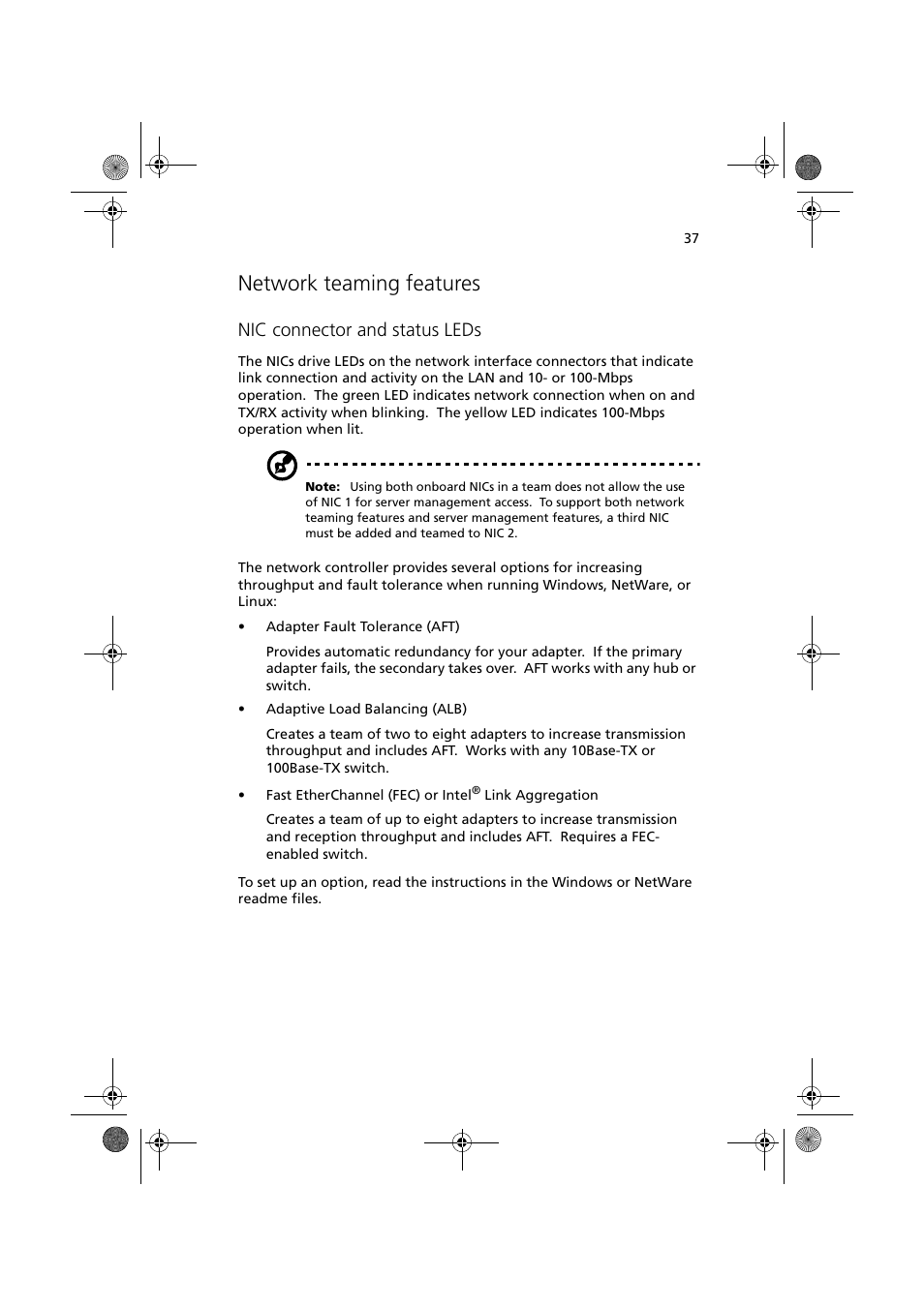 Network teaming features, Nic connector and status leds | Acer Altos G900 User Manual | Page 53 / 248