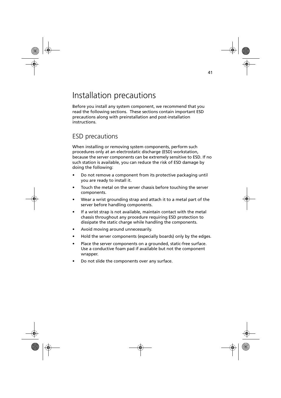 Installation precautions, Esd precautions | Acer Altos G900 User Manual | Page 57 / 248