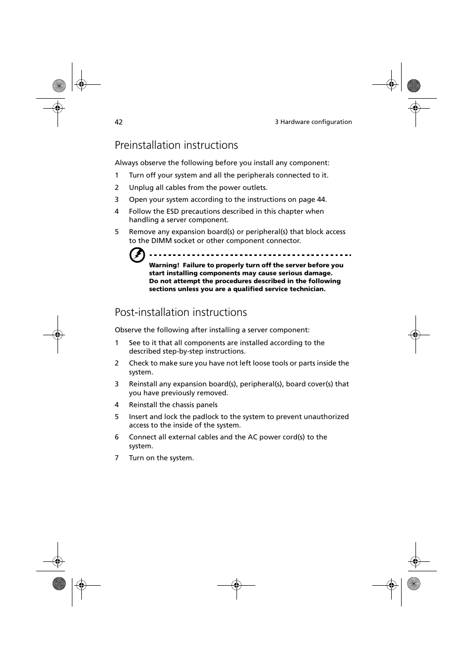 Preinstallation instructions, Post-installation instructions | Acer Altos G900 User Manual | Page 58 / 248