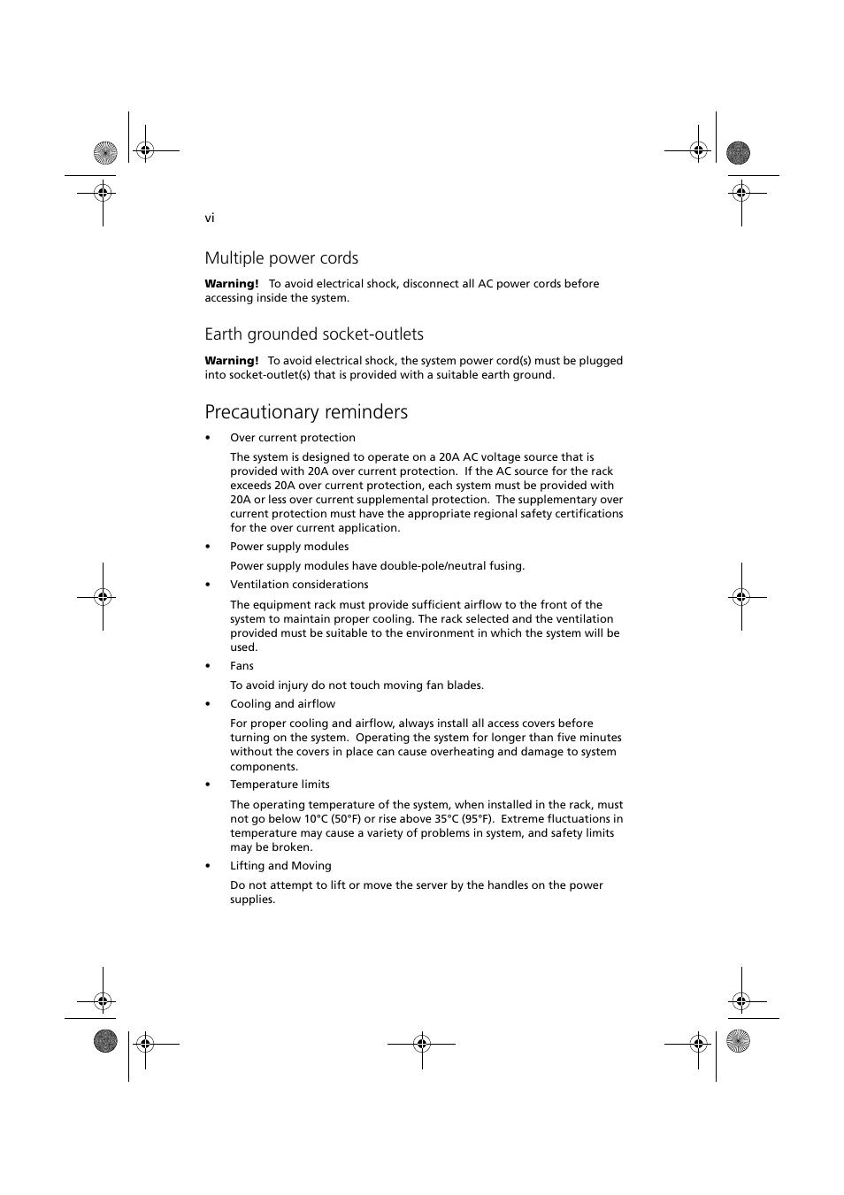 Precautionary reminders, Multiple power cords, Earth grounded socket-outlets | Acer Altos G900 User Manual | Page 6 / 248