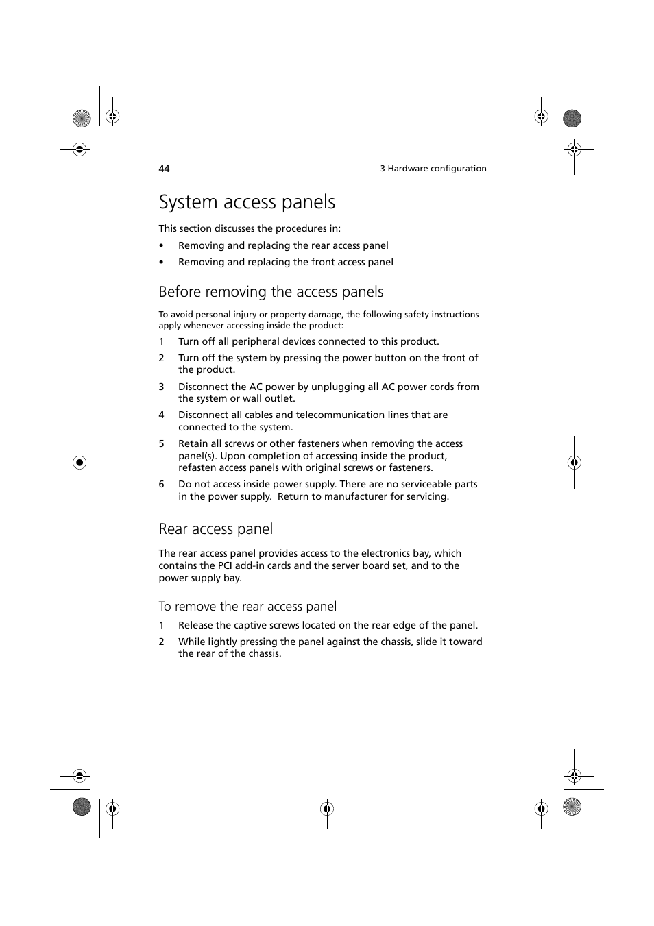 System access panels, Before removing the access panels, Rear access panel | Acer Altos G900 User Manual | Page 60 / 248