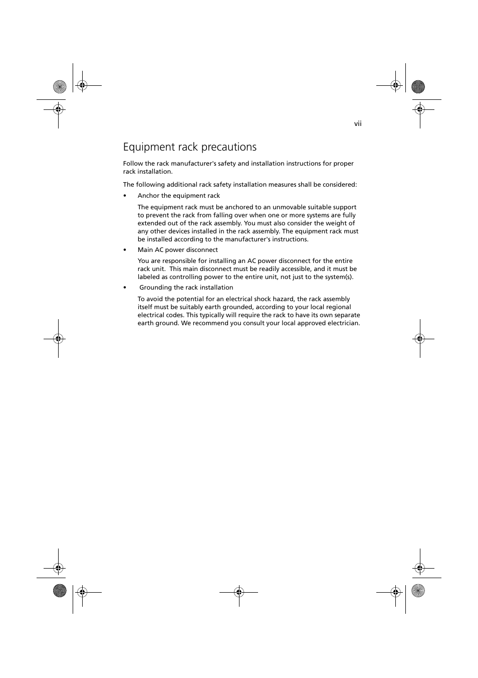 Equipment rack precautions | Acer Altos G900 User Manual | Page 7 / 248
