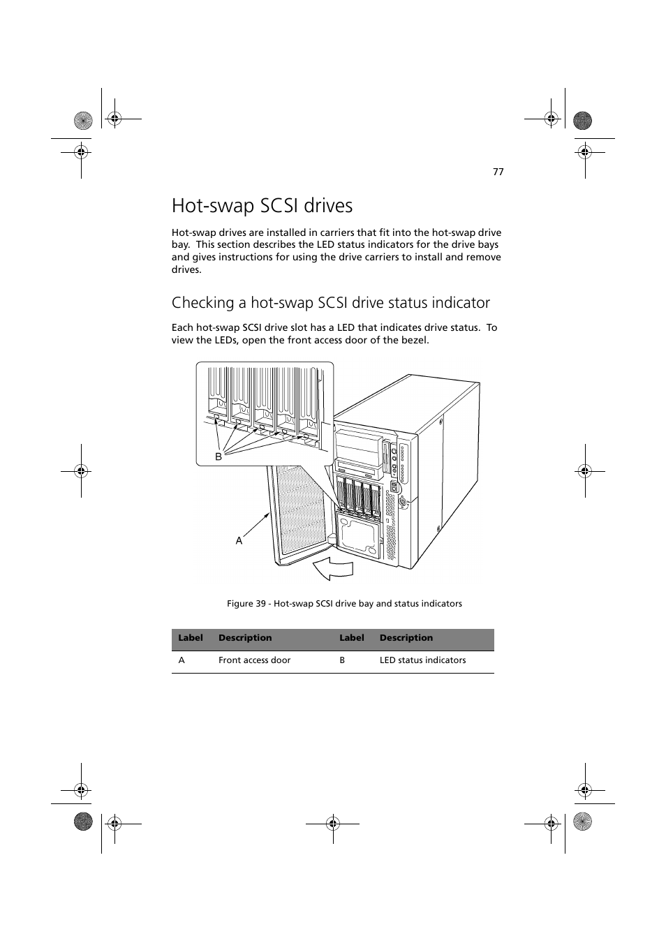 Hot-swap scsi drives, Checking a hot-swap scsi drive status indicator | Acer Altos G900 User Manual | Page 93 / 248