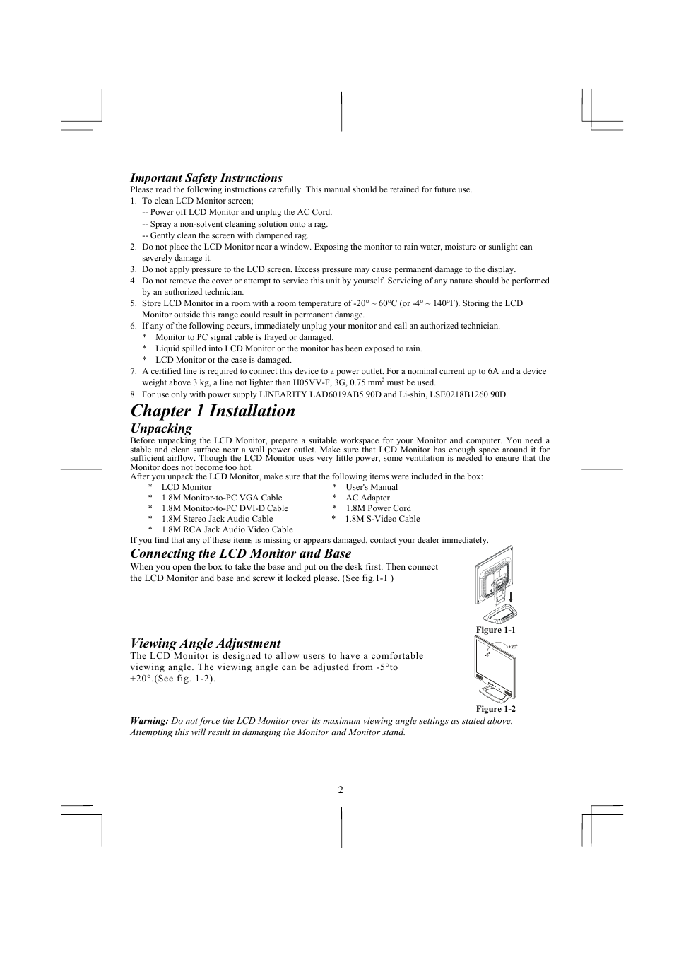 Chapter 1 installation, Unpacking, Connecting the lcd monitor and base | Viewing angle adjustment, Important safety instructions | Acer AL1731 User Manual | Page 2 / 3