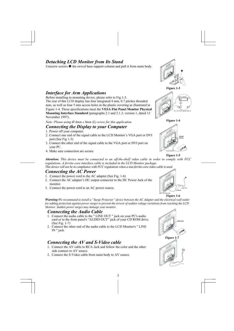 Detaching lcd monitor from its stand, Interface for arm applications, Connecting the display to your computer | Connecting the ac power, Connecting the audio cable, Connecting the av and s-video cable | Acer AL1731 User Manual | Page 3 / 3