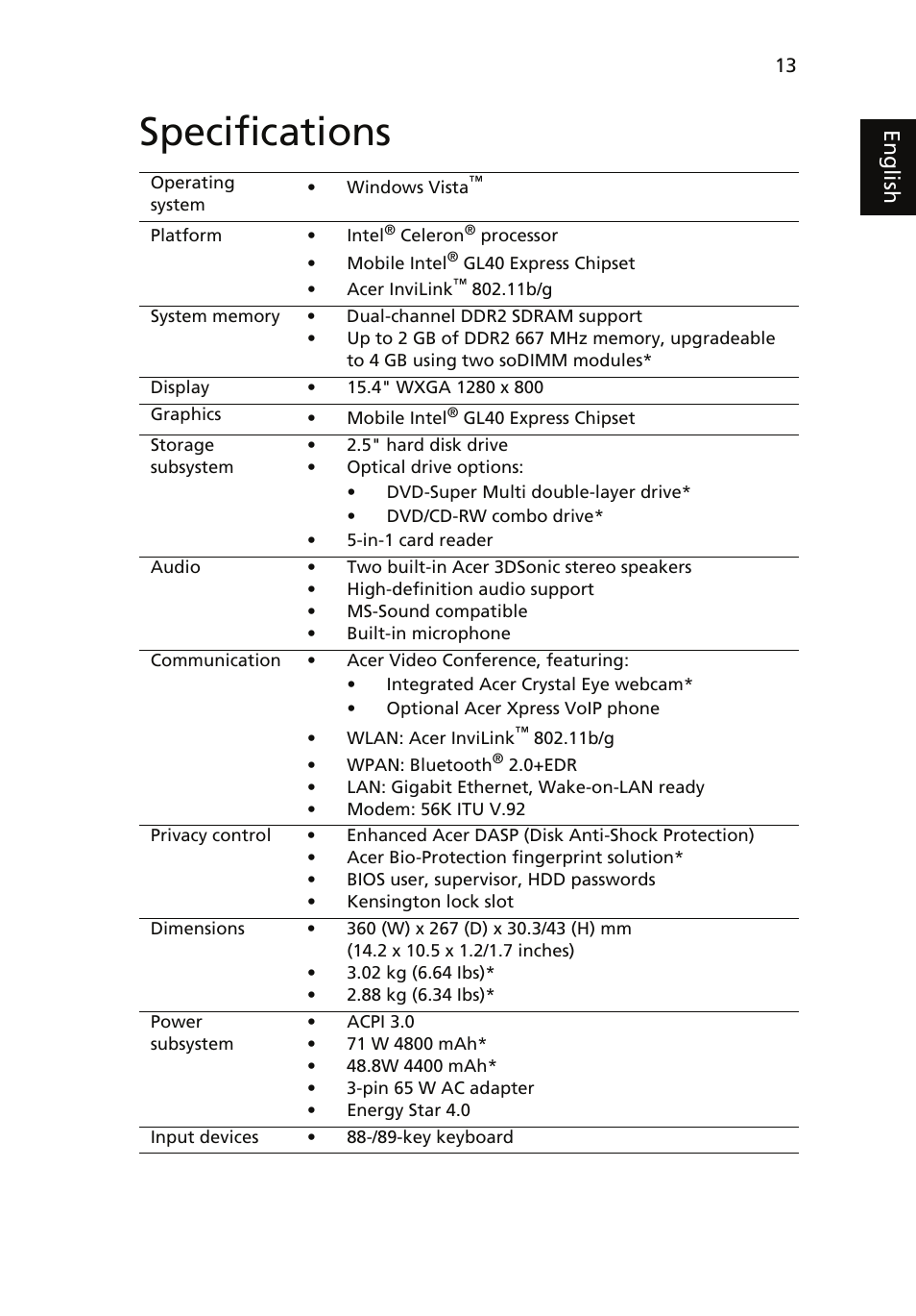 Specifications, Eng lis h | Acer TravelMate MS2231 User Manual | Page 13 / 14