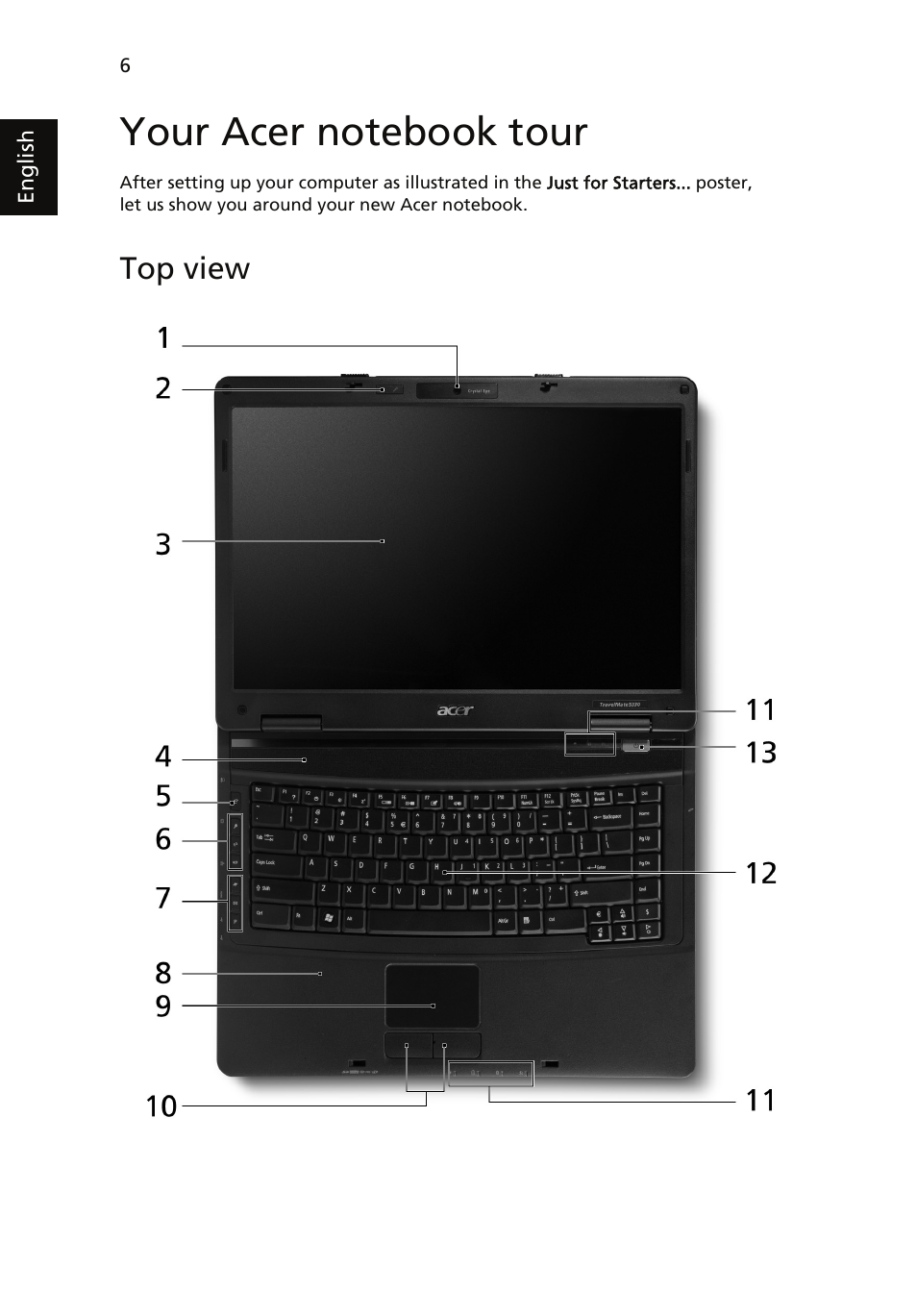 Your acer notebook tour, Top view | Acer TravelMate MS2231 User Manual | Page 6 / 14