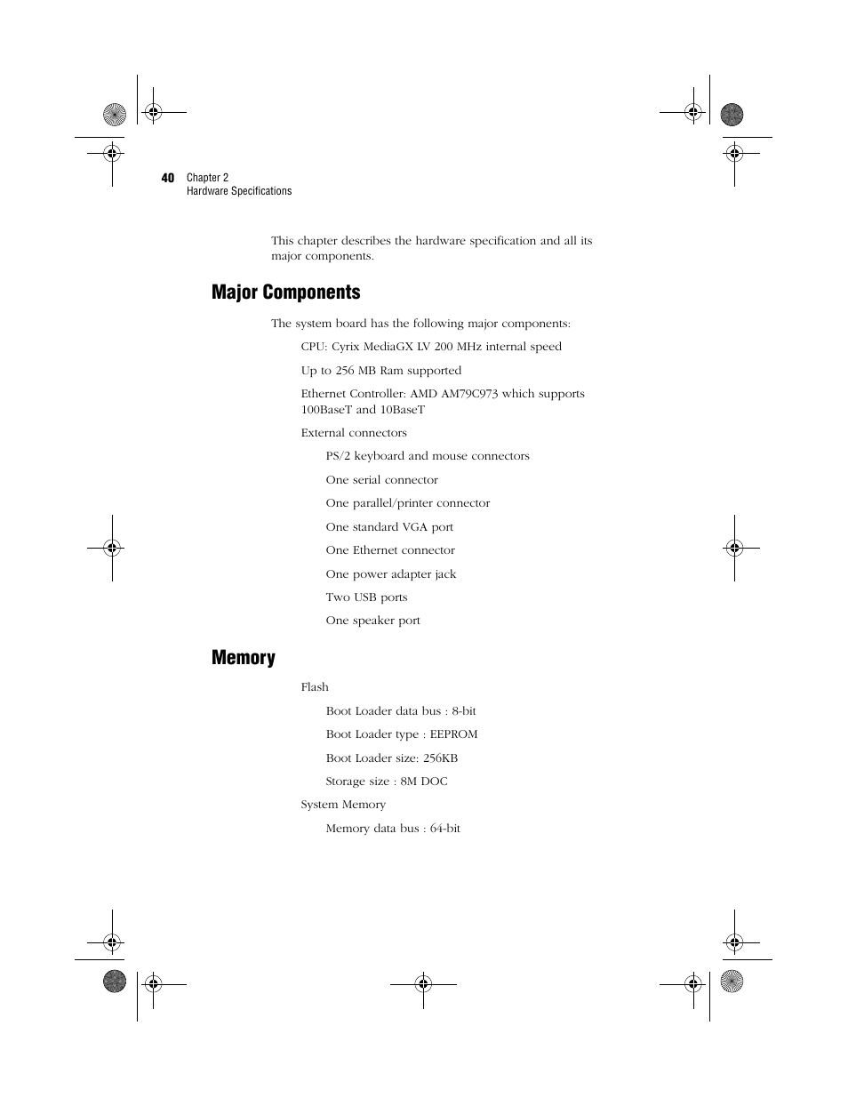 Major components memory, Major components | Acer WT 300 User Manual | Page 48 / 54