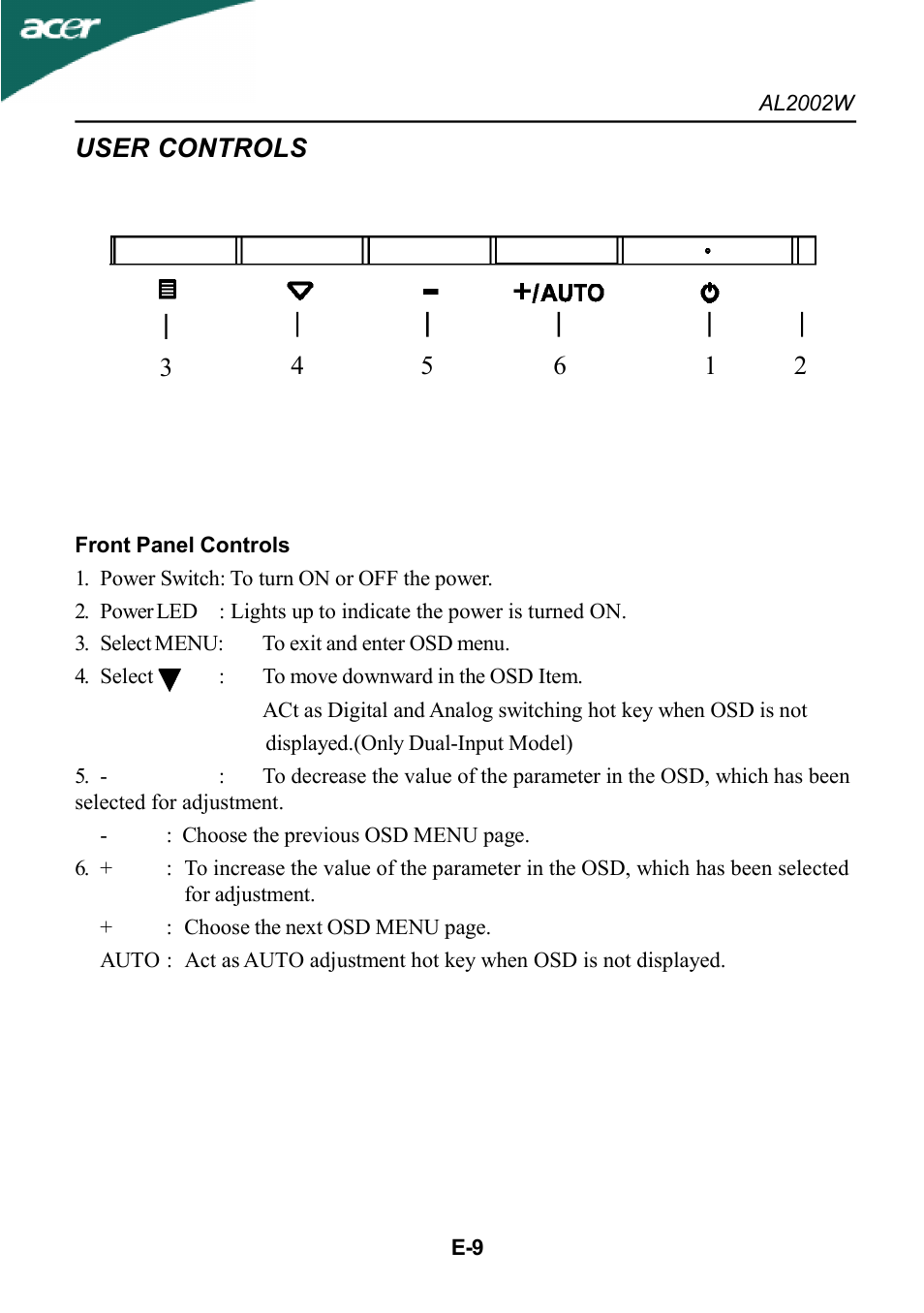 User controls | Acer al200 User Manual | Page 11 / 19