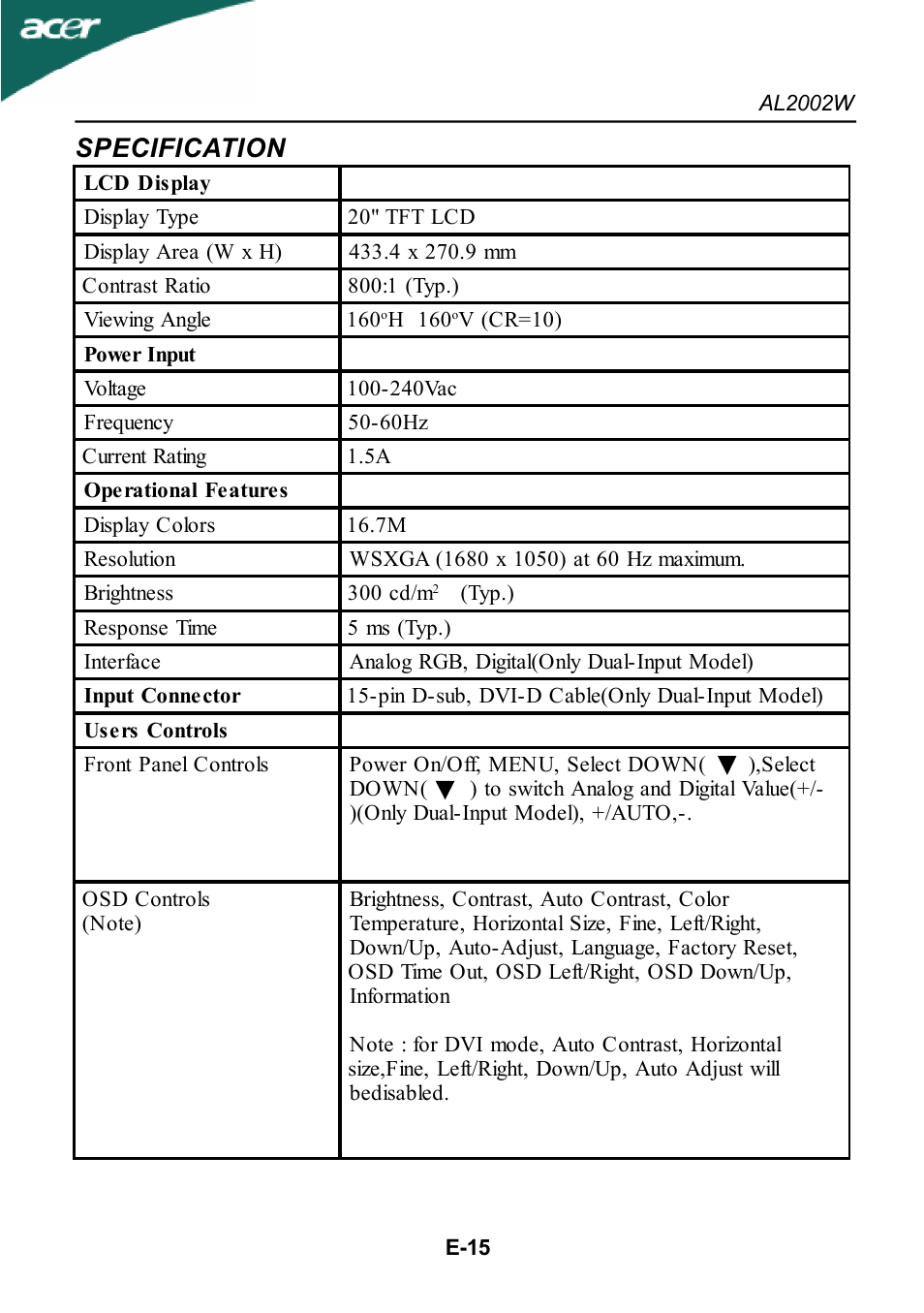 Specification | Acer al200 User Manual | Page 17 / 19