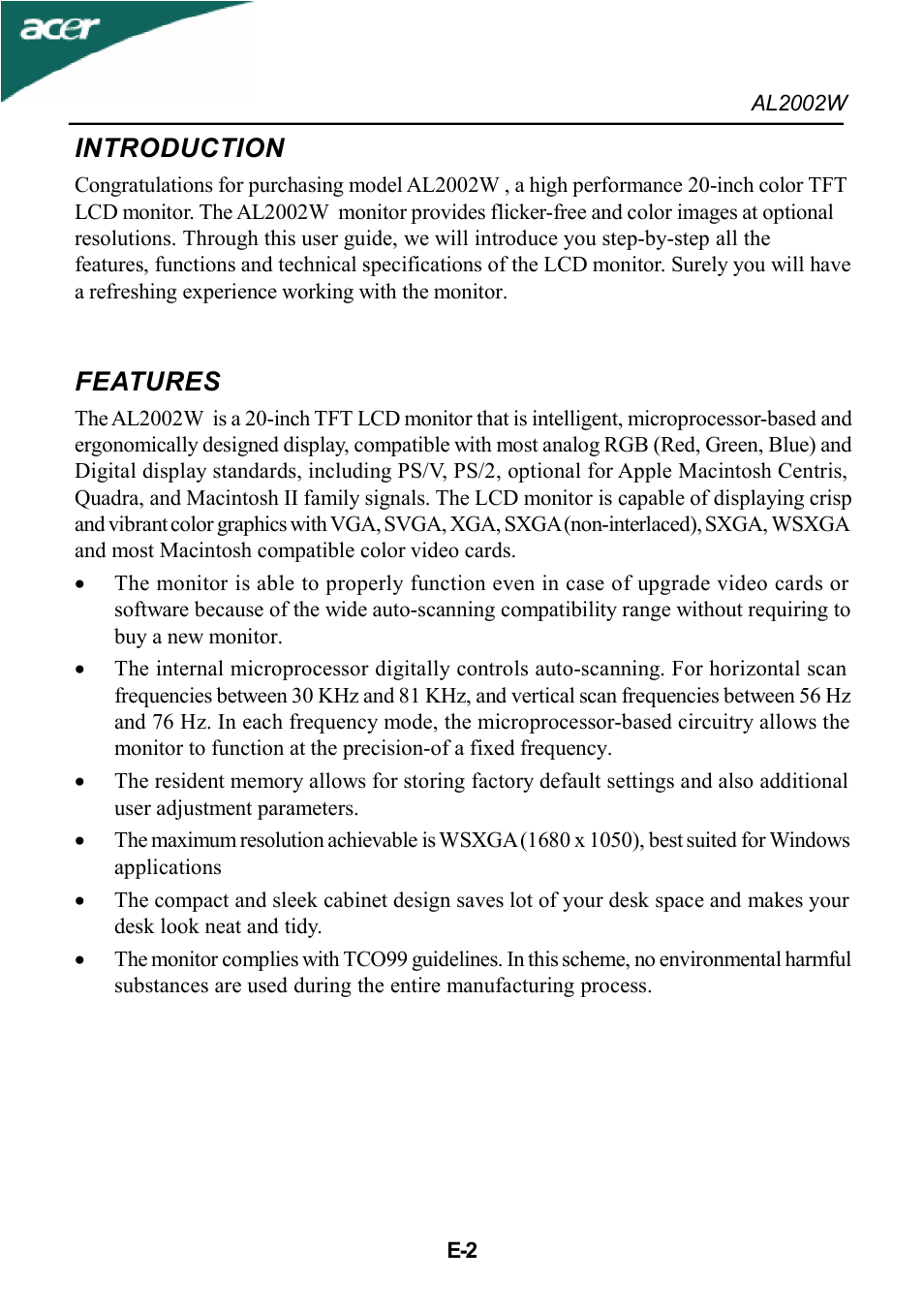 Introduction, Features | Acer al200 User Manual | Page 4 / 19