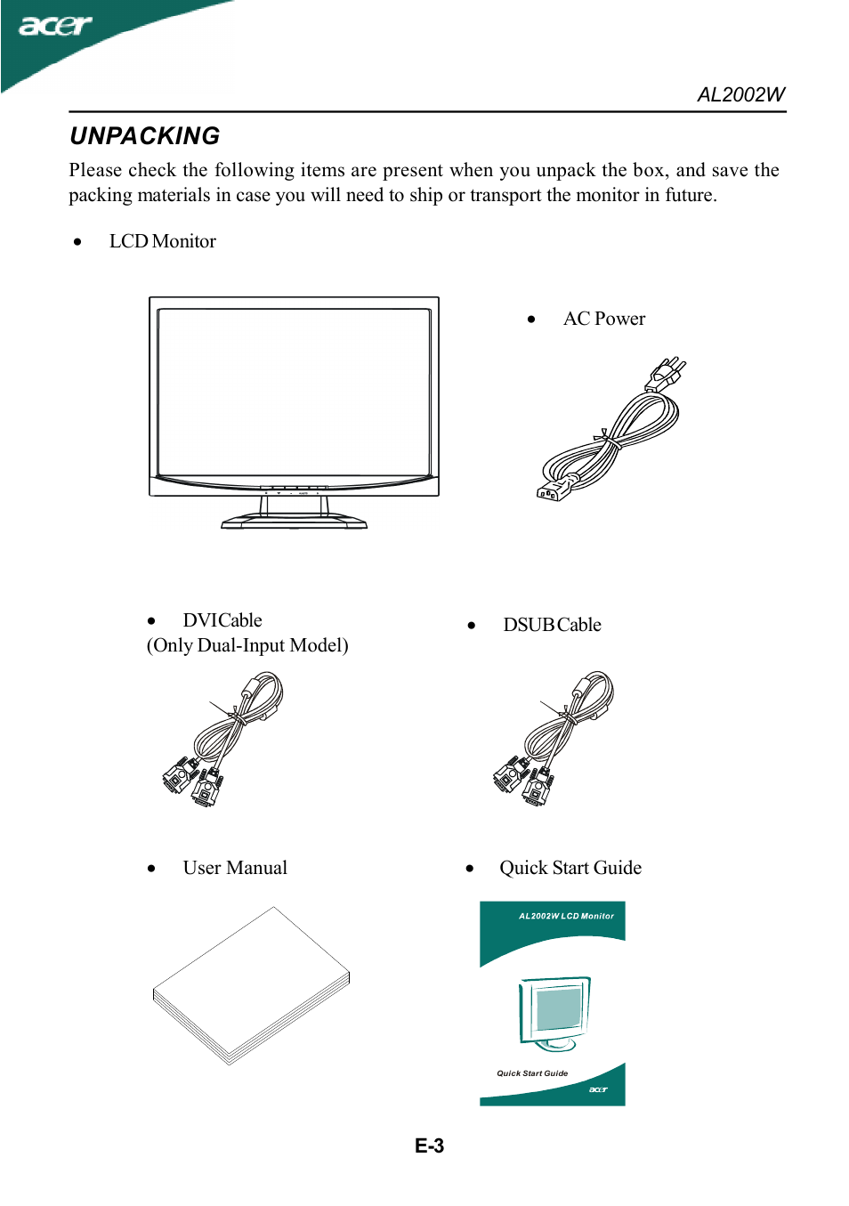 Unpacking | Acer al200 User Manual | Page 5 / 19