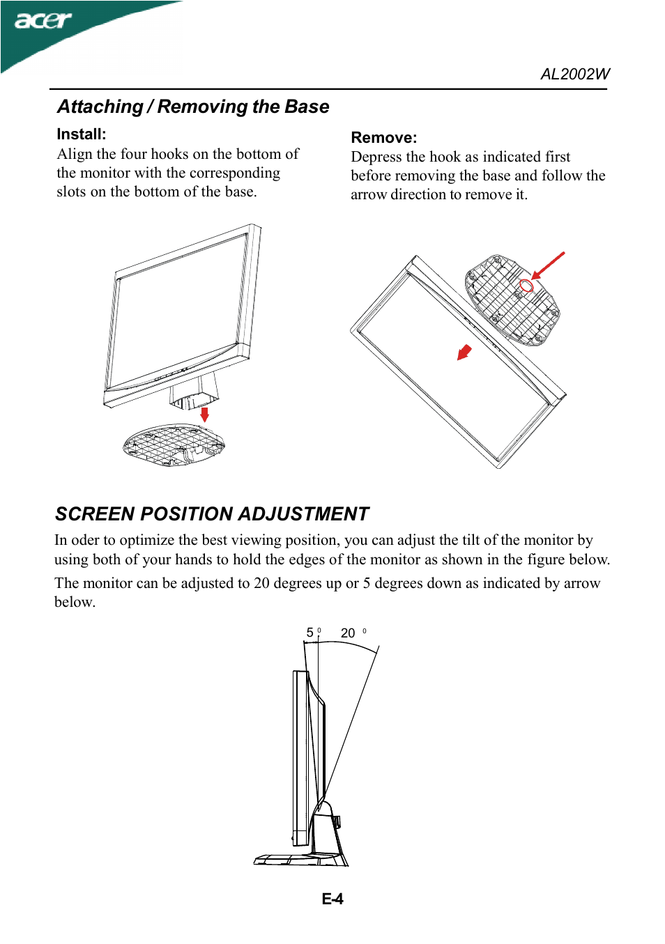 Screen position adjustment, Attaching / removing the base | Acer al200 User Manual | Page 6 / 19