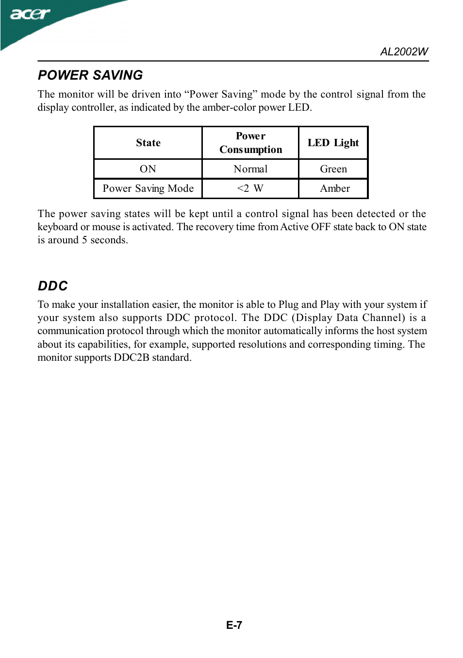 Power saving | Acer al200 User Manual | Page 9 / 19