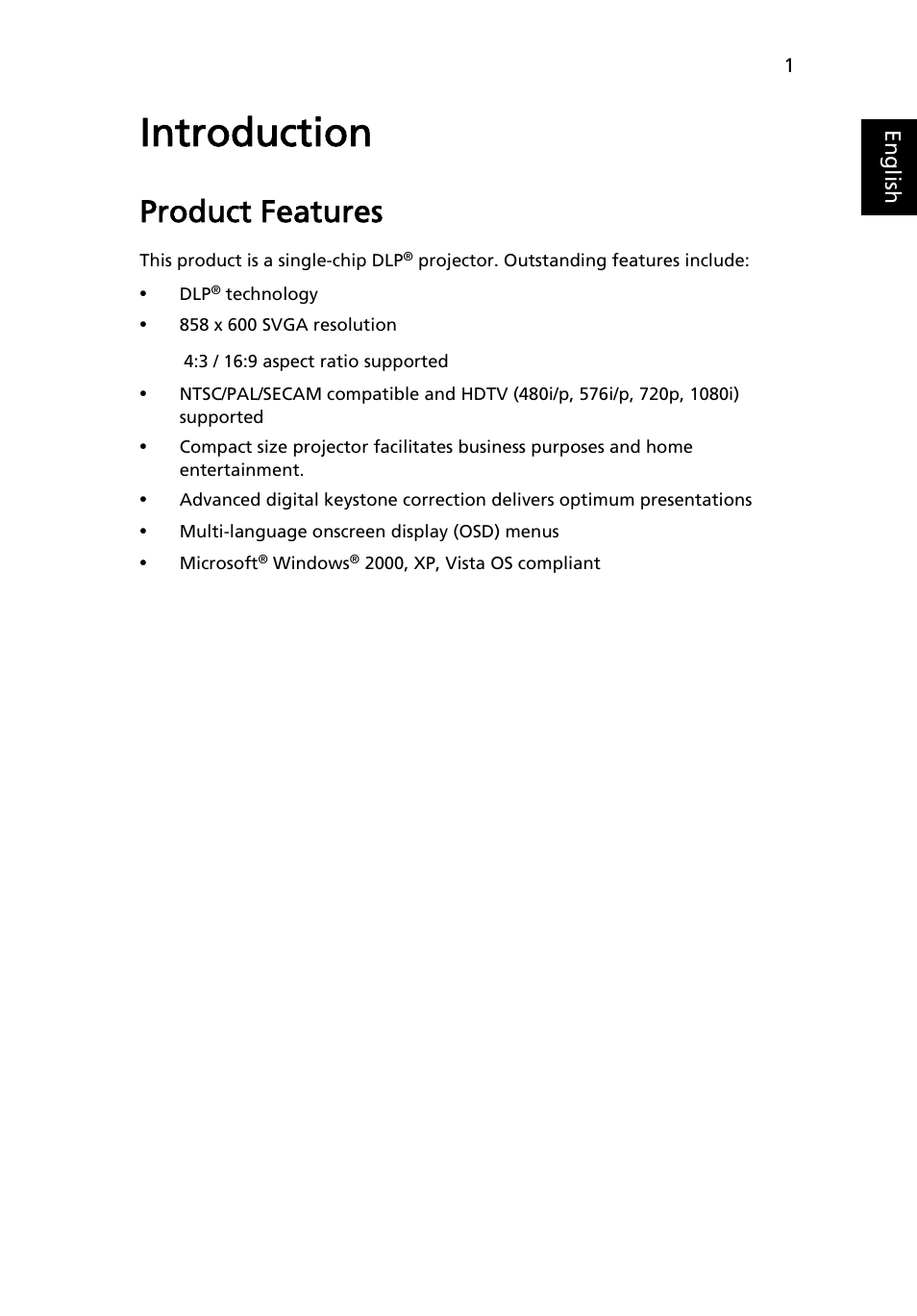 Introduction, Product features | Acer K10 User Manual | Page 13 / 39