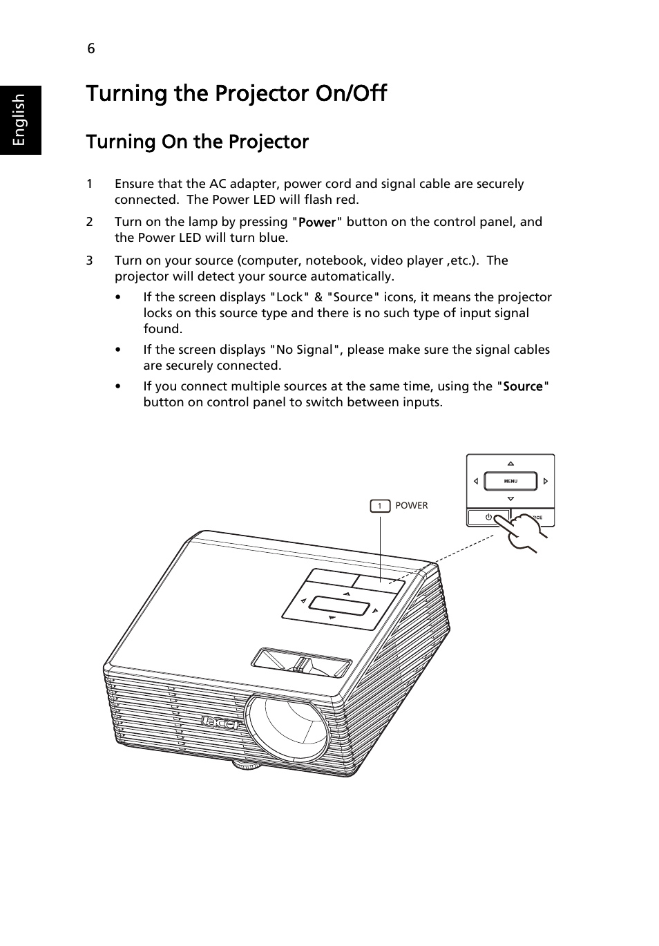 Turning the projector on/off, Turning on the projector | Acer K10 User Manual | Page 18 / 39