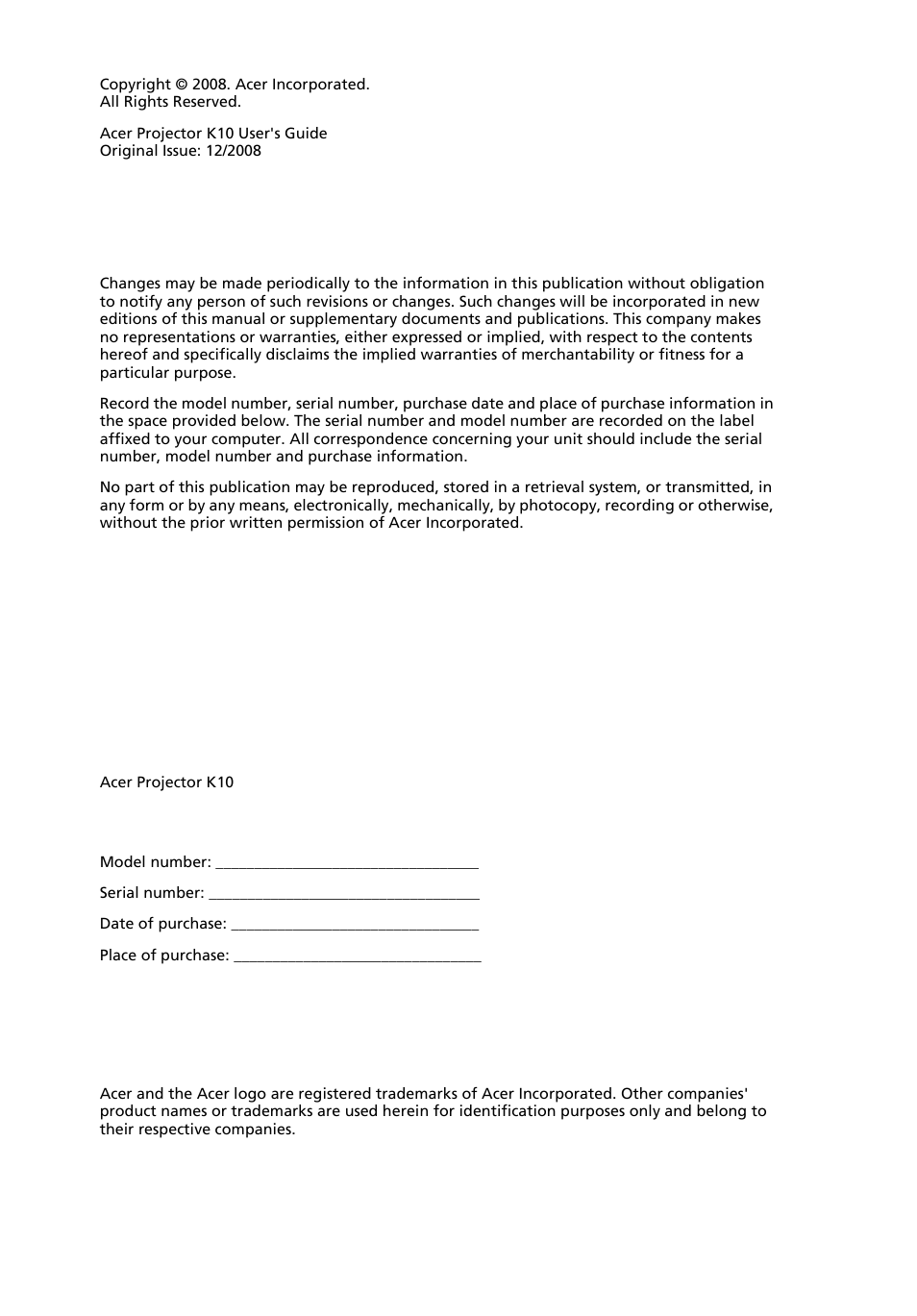 Acer K10 User Manual | Page 2 / 39
