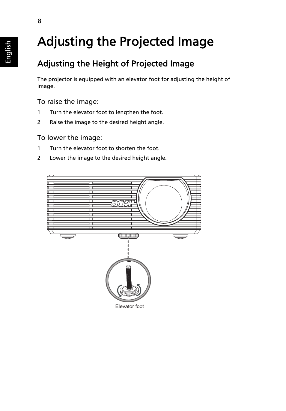 Adjusting the projected image, Adjusting the height of projected image | Acer K10 User Manual | Page 20 / 39