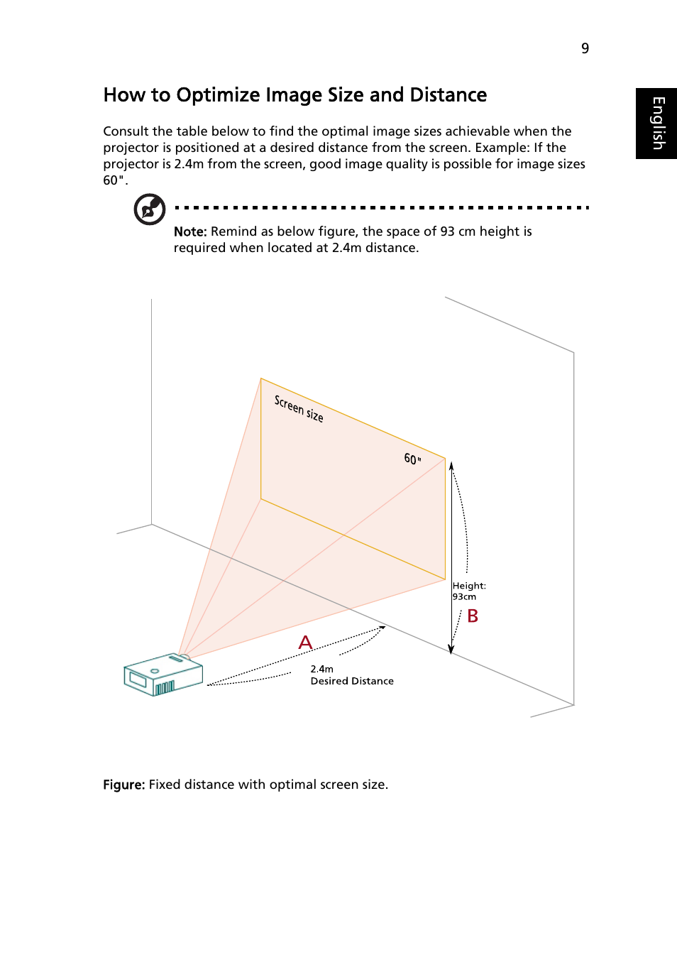 How to optimize image size and distance | Acer K10 User Manual | Page 21 / 39