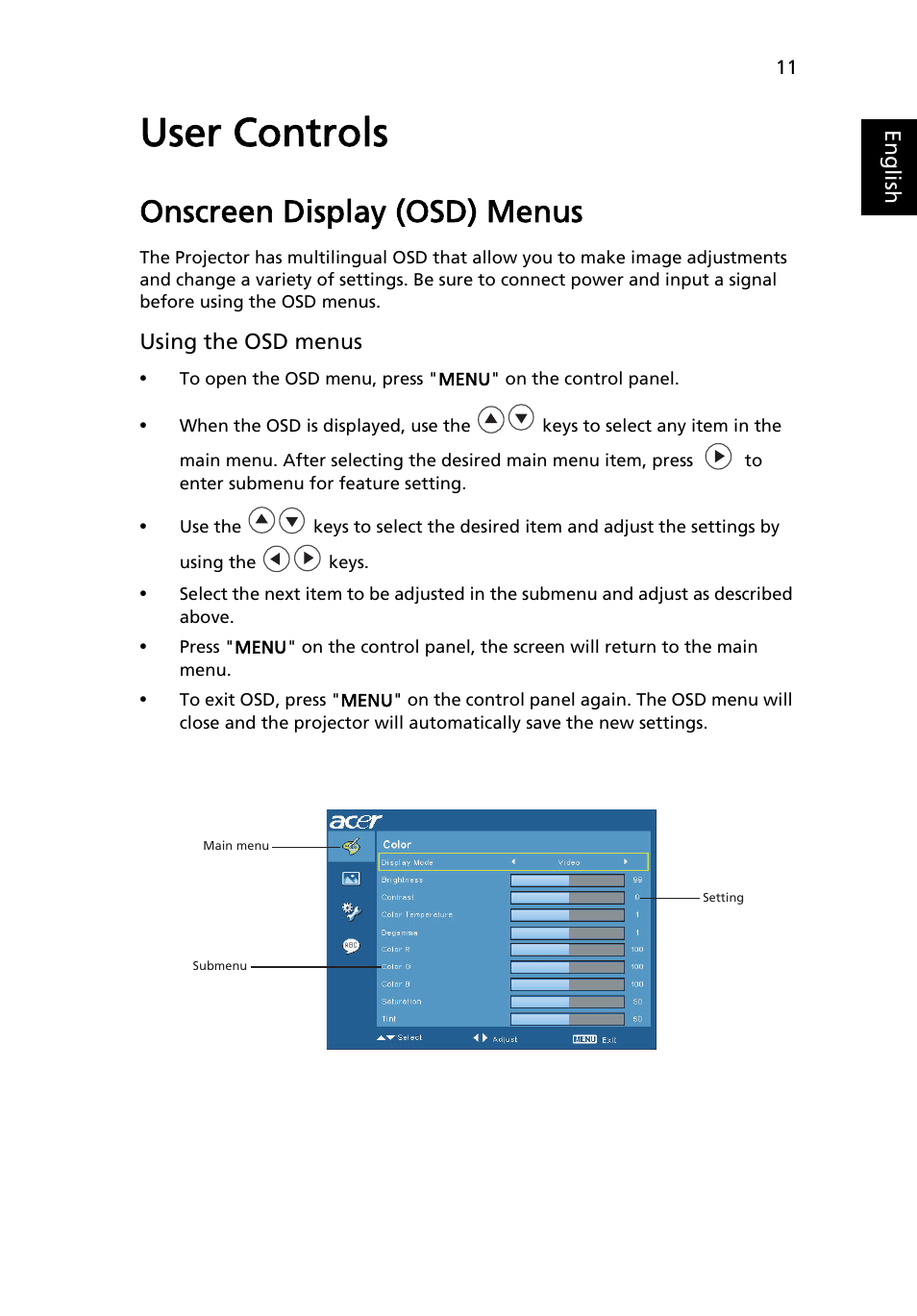 User controls, Onscreen display (osd) menus | Acer K10 User Manual | Page 23 / 39