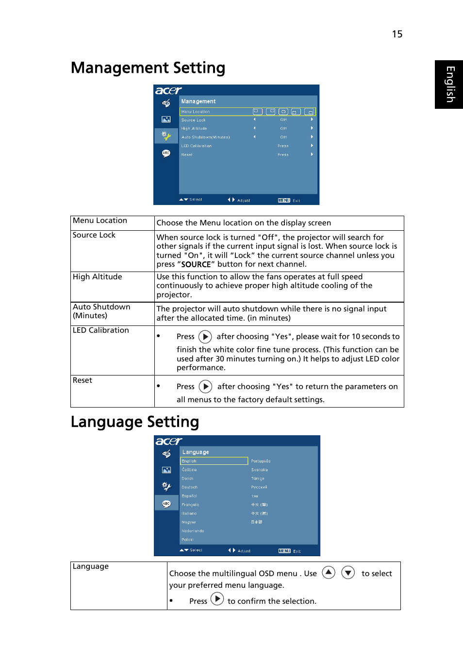 Management setting, Language setting, Management setting language setting | Eng lis h | Acer K10 User Manual | Page 27 / 39