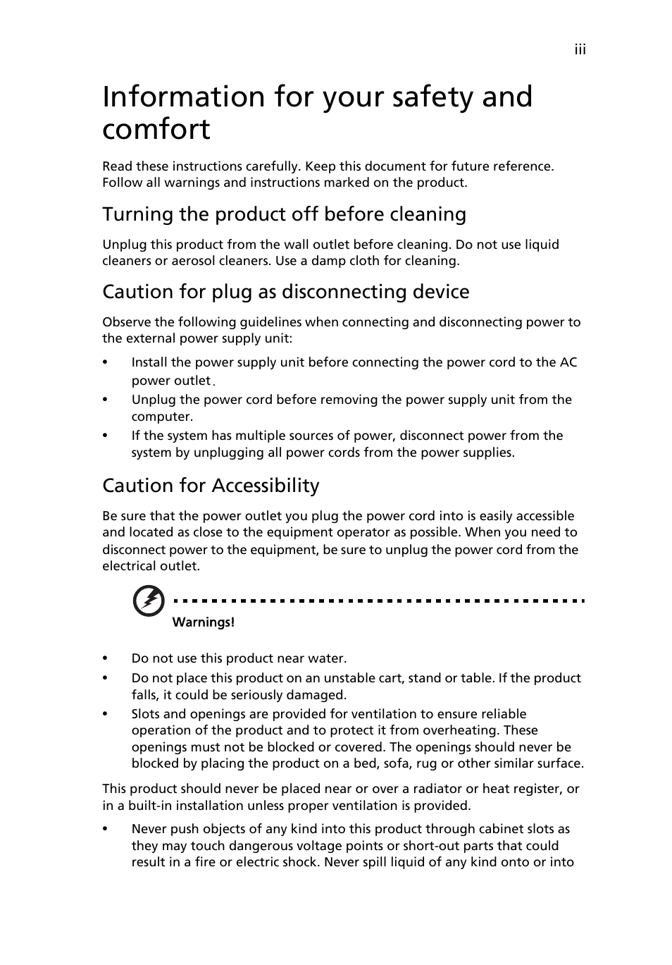 Information for your safety and comfort, Turning the product off before cleaning, Caution for plug as disconnecting device | Caution for accessibility | Acer K10 User Manual | Page 3 / 39