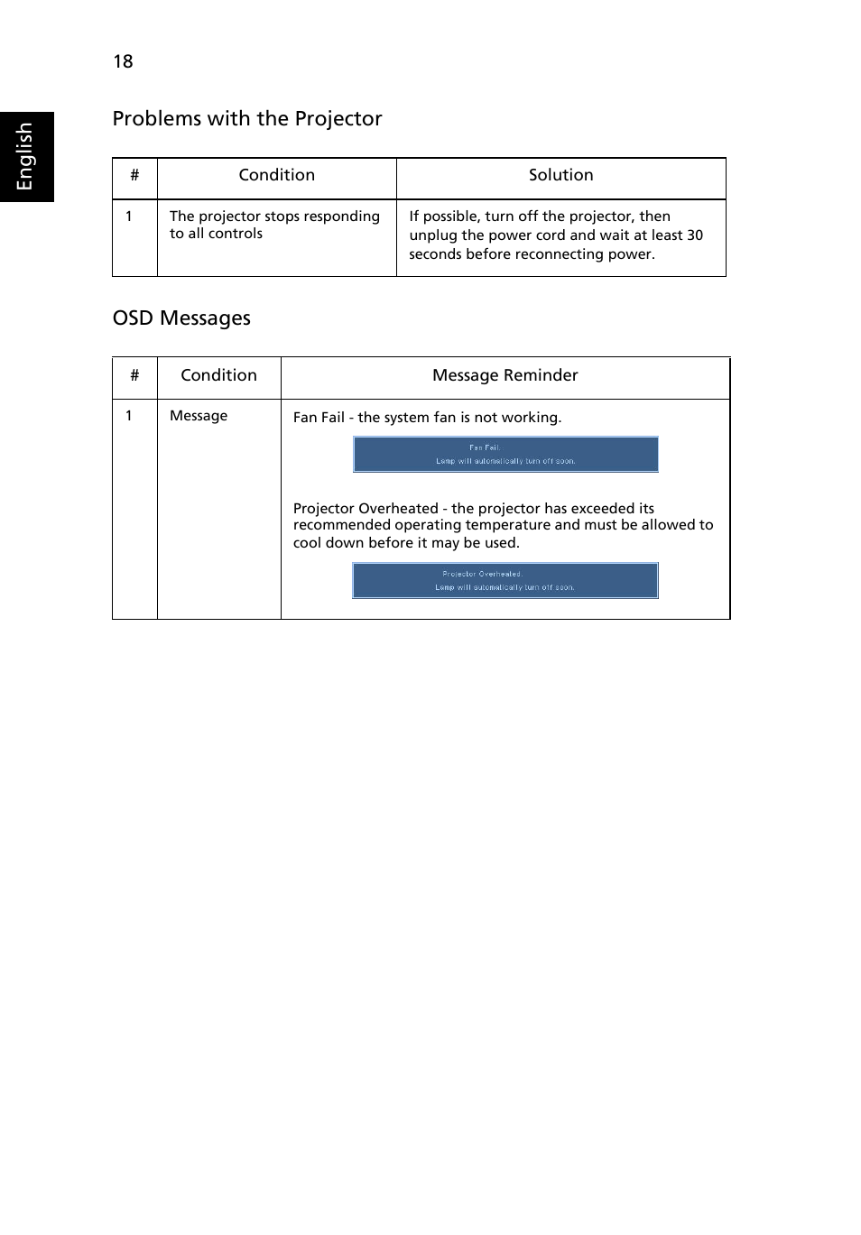 English problems with the projector osd messages | Acer K10 User Manual | Page 30 / 39