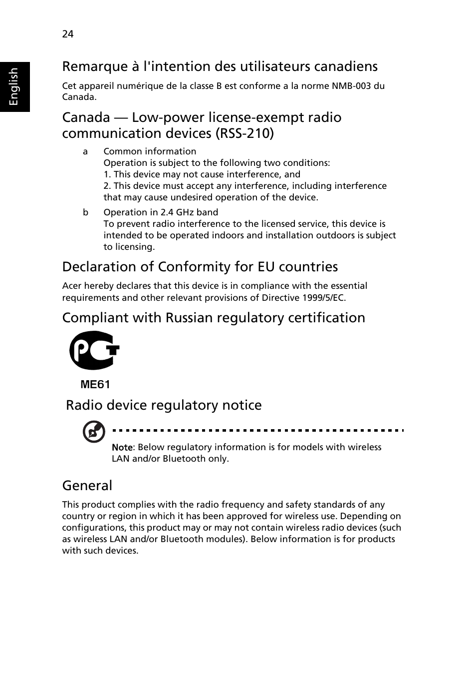 Remarque à l'intention des utilisateurs canadiens, Declaration of conformity for eu countries, General | Acer K10 User Manual | Page 36 / 39