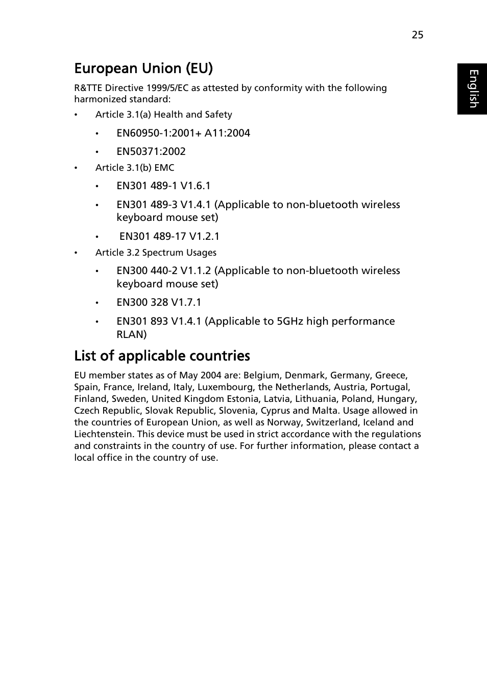 European union (eu), List of applicable countries | Acer K10 User Manual | Page 37 / 39