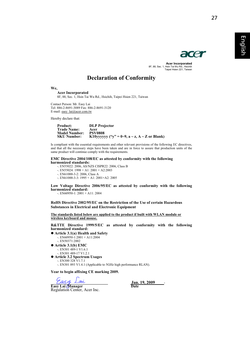 Declaration of conformity, Eng lis h | Acer K10 User Manual | Page 39 / 39