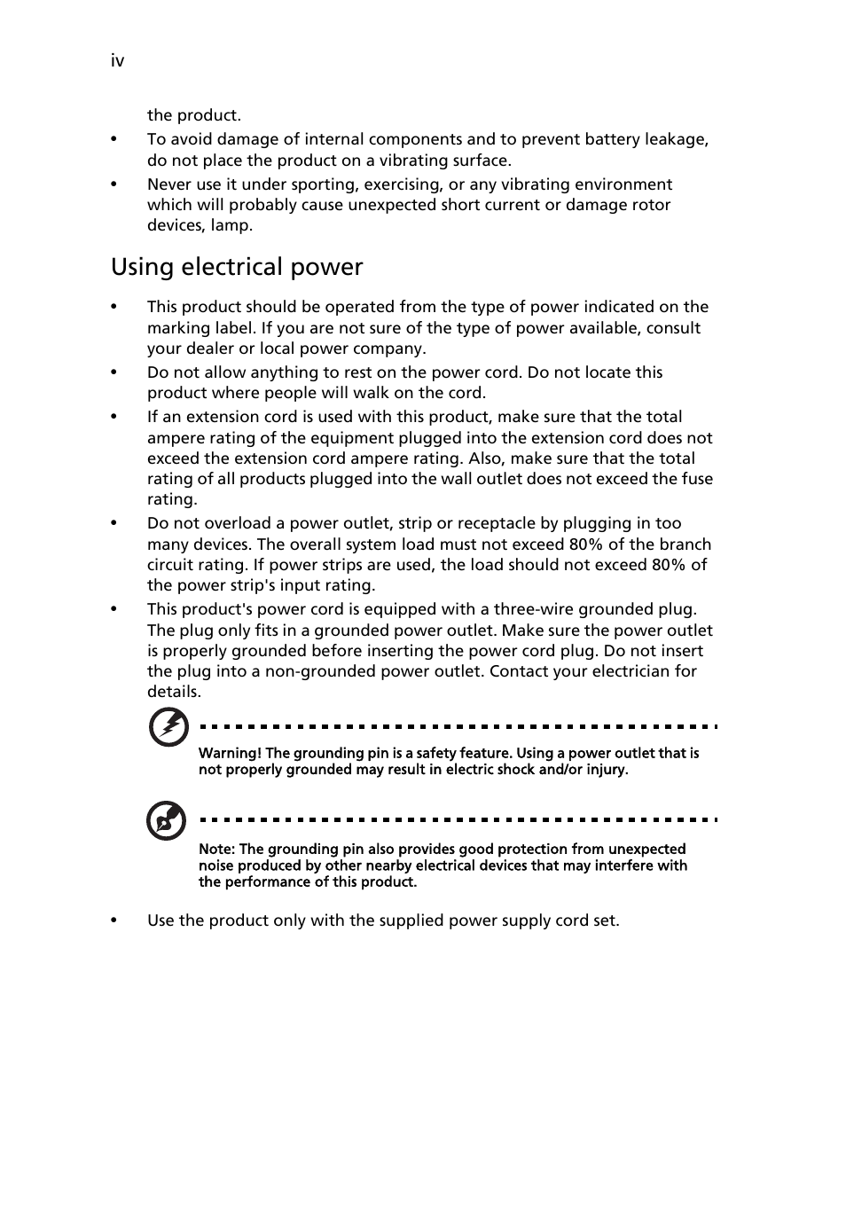Using electrical power | Acer K10 User Manual | Page 4 / 39