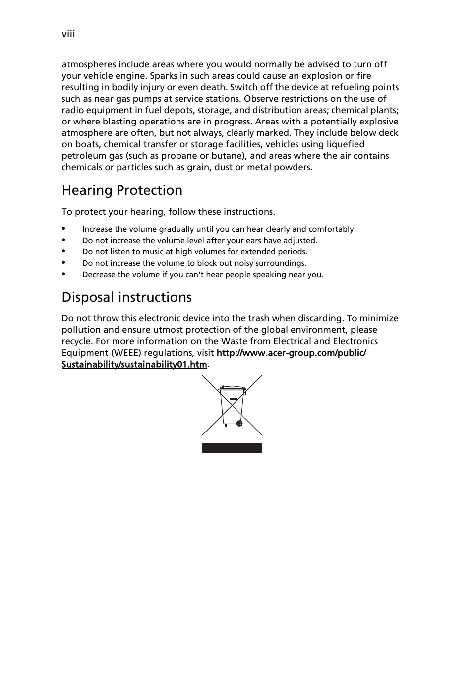 Hearing protection, Disposal instructions | Acer K10 User Manual | Page 8 / 39