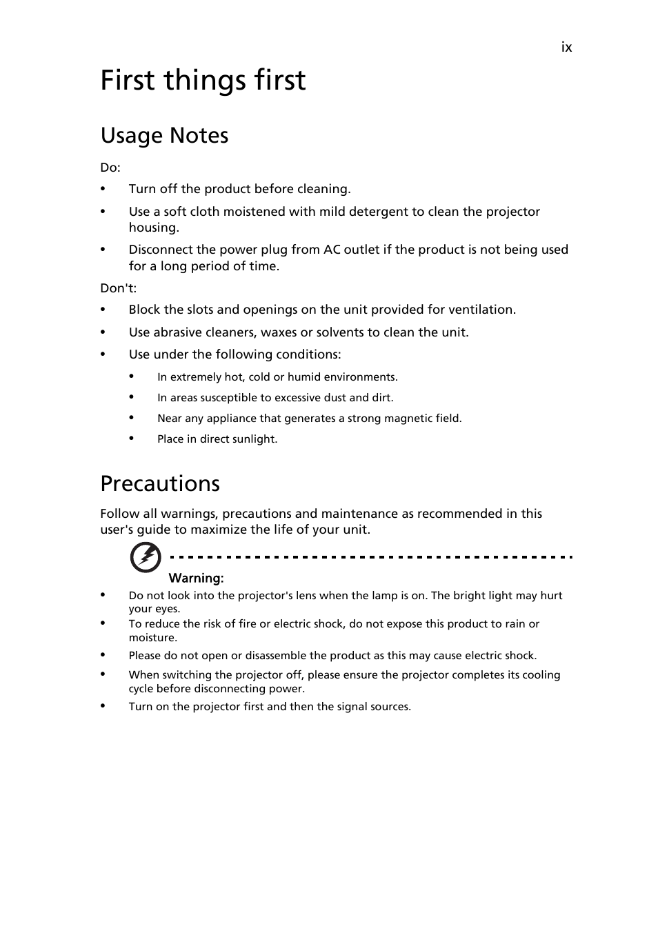 First things first, Usage notes, Precautions | Acer K10 User Manual | Page 9 / 39