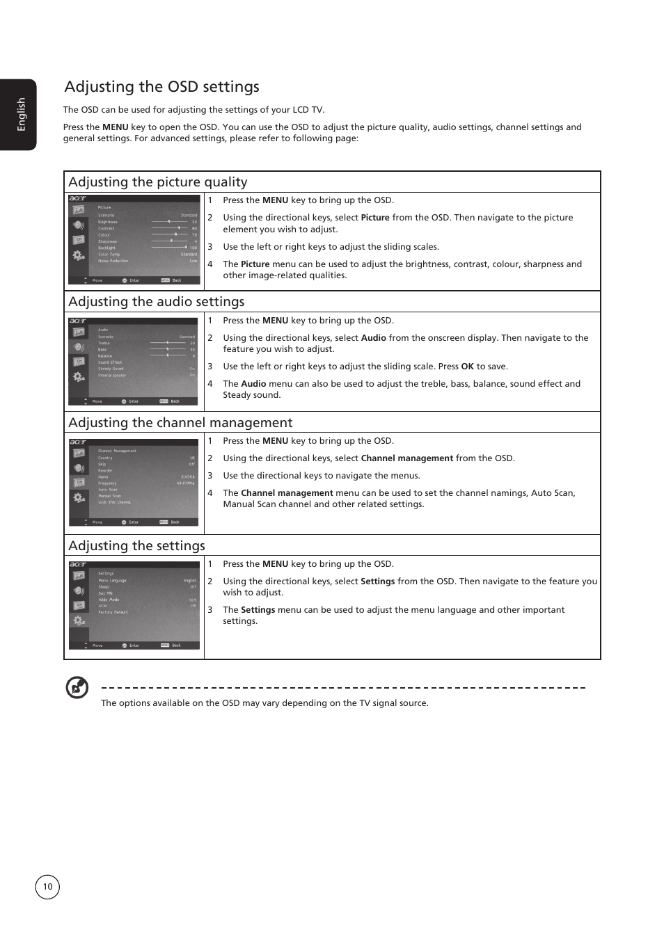 Adjusting the osd settings, Adjusting the picture quality, Adjusting the audio settings | Adjusting the channel management, Adjusting the settings | Acer AT4221 User Manual | Page 10 / 18