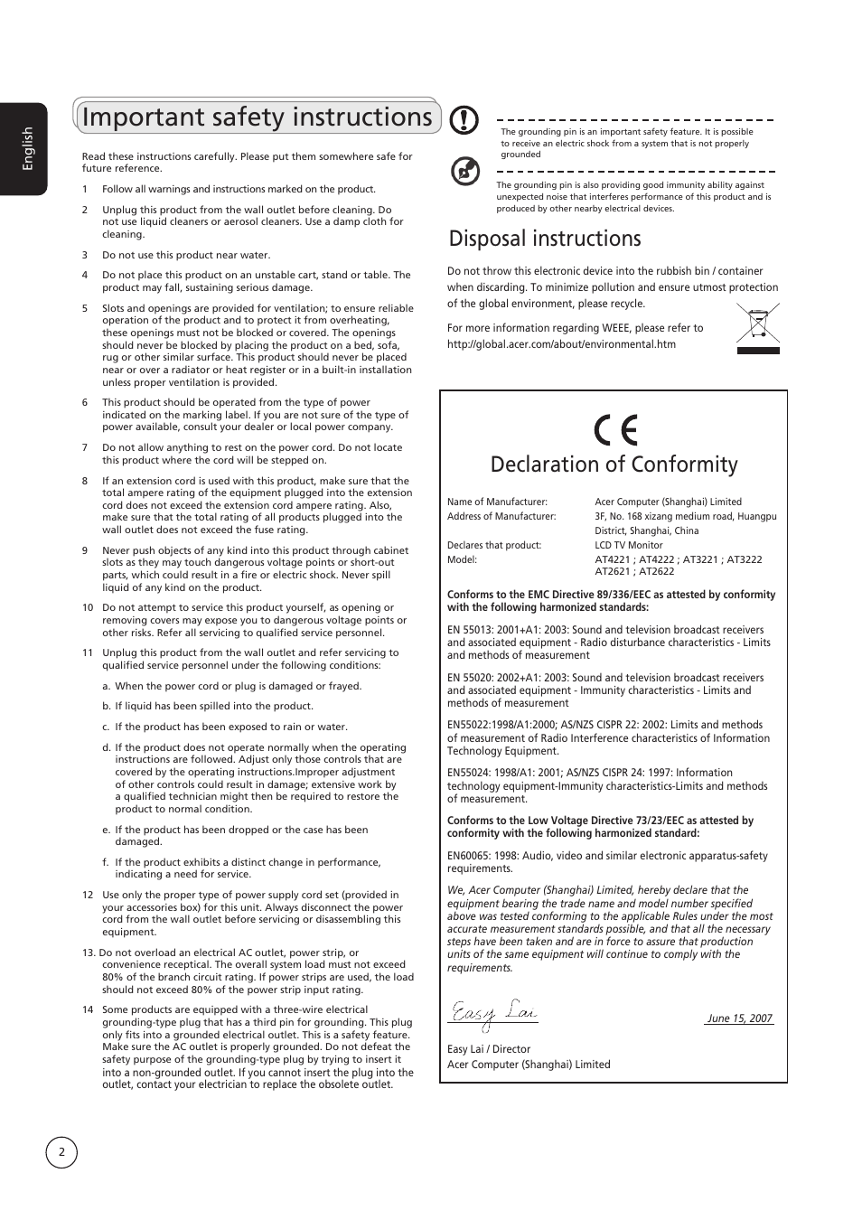 Important safety instructions, Disposal instructions, Declaration of conformity | Acer AT4221 User Manual | Page 2 / 18