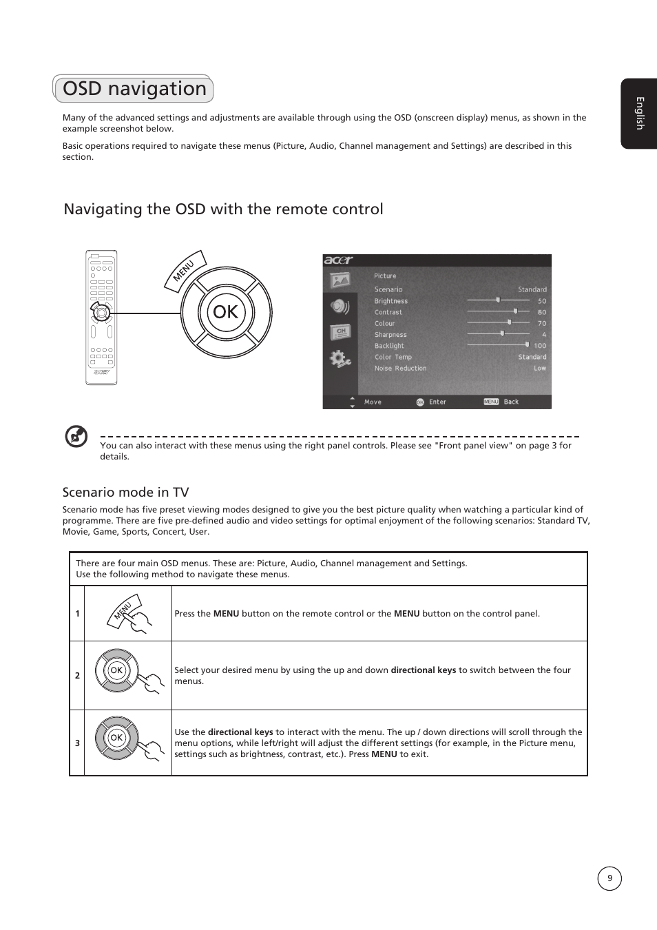 Osd navigation, Navigating the osd with the remote control, Scenario mode in tv | Acer AT4221 User Manual | Page 9 / 18